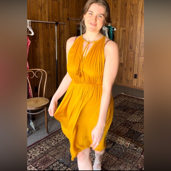 Silky Marigold Golden Yellow Flowy Dress with Tie Details - Picture 3 of 5